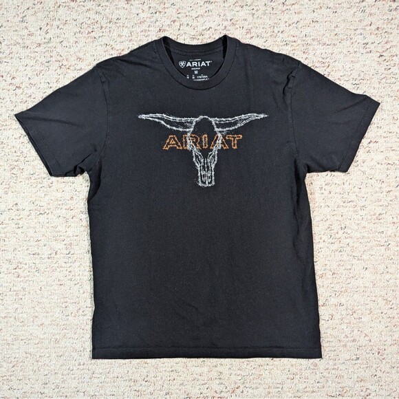 Ariat T-Shirt Barbed Wire Longhorn Steer Graphic Short Sleeve Mens MED Black Tee - Picture 1 of 4